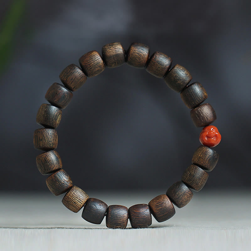 KarmaRipple's Nha Trang Rare Bai Qinan Agarwood Cyan Jade Red Agate Laughing Buddha Tibetan Bone Strength Meditation Bracelet p44