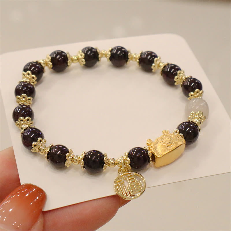 KarmaRipple's Year Of The Dragon Red Agate Strawberry Quartz Black Obsidian Jade Garnet Pearl Cinnabar Dumpling Dragon Fortune Fu Character Bracelet p6