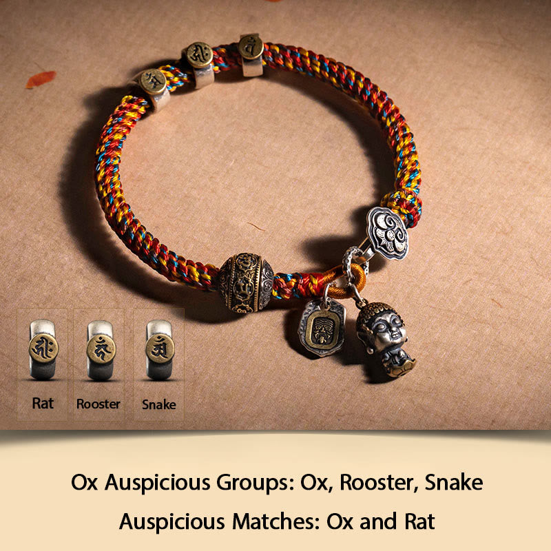 KarmaRipple's Handmade Tibetan 925 Sterling Silver Chinese Zodiac Natal Buddha Zakiram Goddess of Wealth Protection Multicolored Rope Woven Bracelet p37