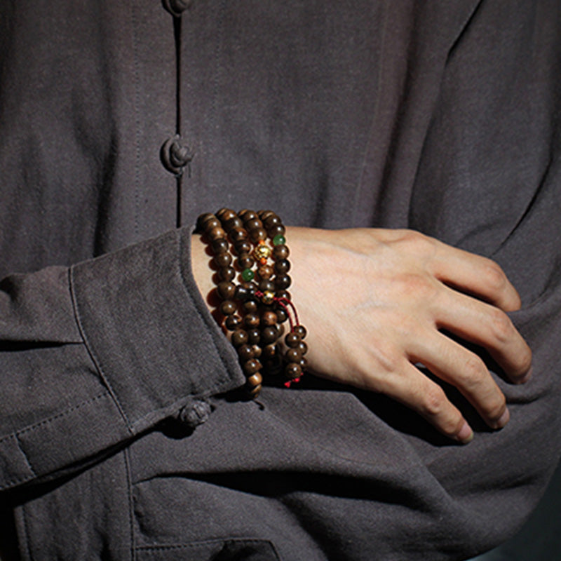 KarmaRipple's 999 Gold 108 Mala Beadwork Kalimantan Agarwood Cyan Jade Six True Words Strength Bracelet p8