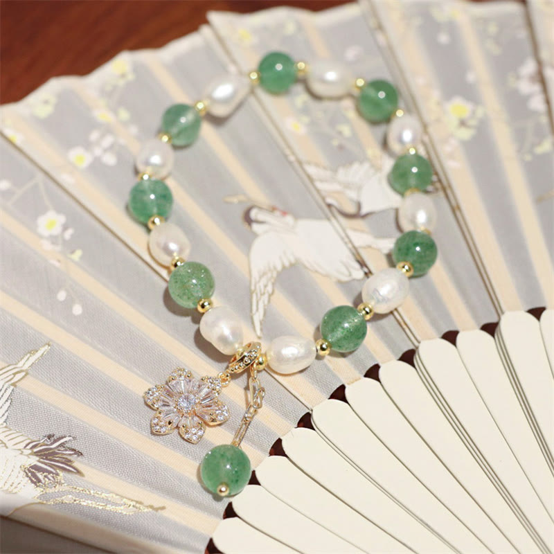 KarmaRipple's Authentic Green Strawberry Quartz Pearl Flower Talisman Love Bracelet p10