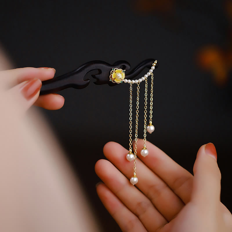 KarmaRipple's Ebony Wood Yellow Flower Pearl Tassels Hairpin p3