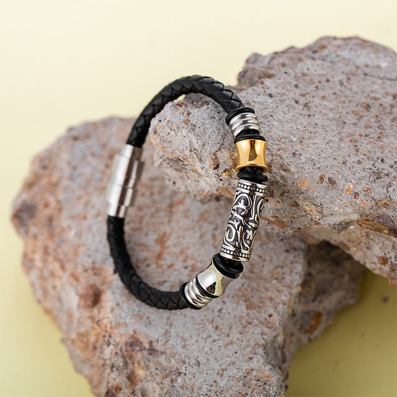 KarmaRipple's Tang Dynasty Flower Design Fortune Stainless Steel Buckle Leather Bracelet p2