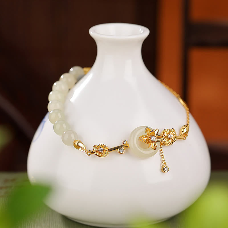 KarmaRipple's 925 Sterling Silver Hetian Jade Peace Buckle Lotus Fortune Chain Bracelet p4