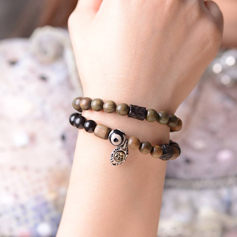 KarmaRipple's Tibetan Green Sandalwood Ebony Wood Three-eyed Dzi Bead Fu Character Balance Peace Double Wrap Bracelet p13