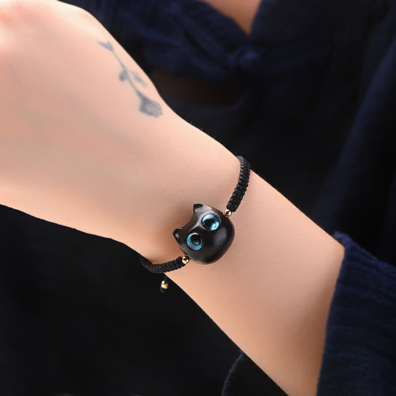 KarmaRipple's Small Leaf Red Sandalwood Ebony Wood Cute Cat Head Calm Protection Woven Bracelet p15