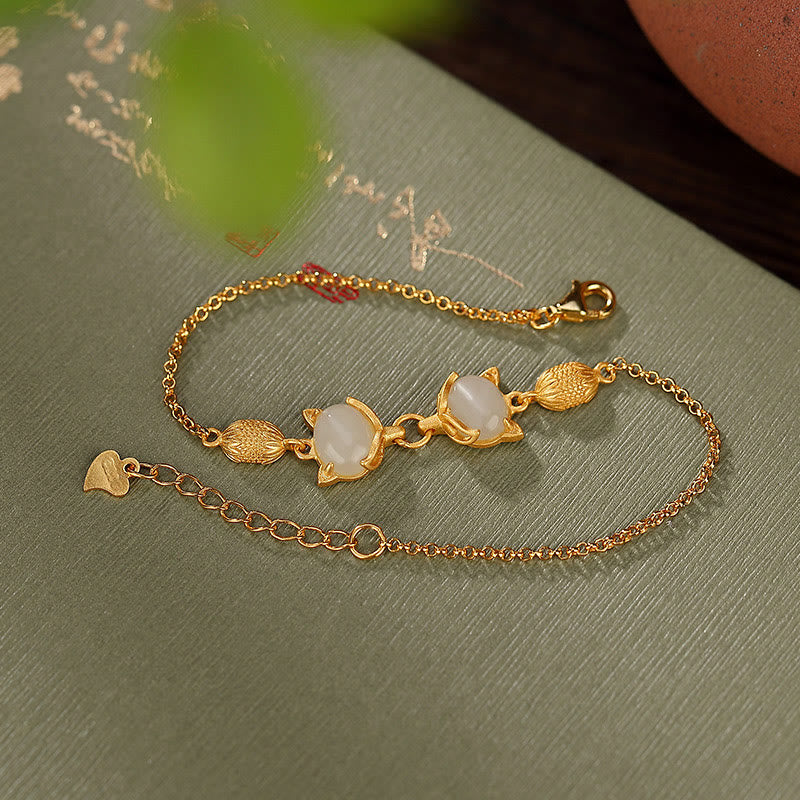 KarmaRipple's 925 Sterling Silver Authentic Hetian Ivory Jade Cyan Jade Lovely Fox Fortune Bracelet p9