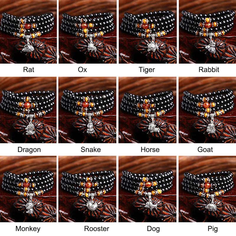 KarmaRipple's Chinese Zodiac 108 Beadwork Black Obsidian Tiger Eye Fortune Mala Bracelet p27