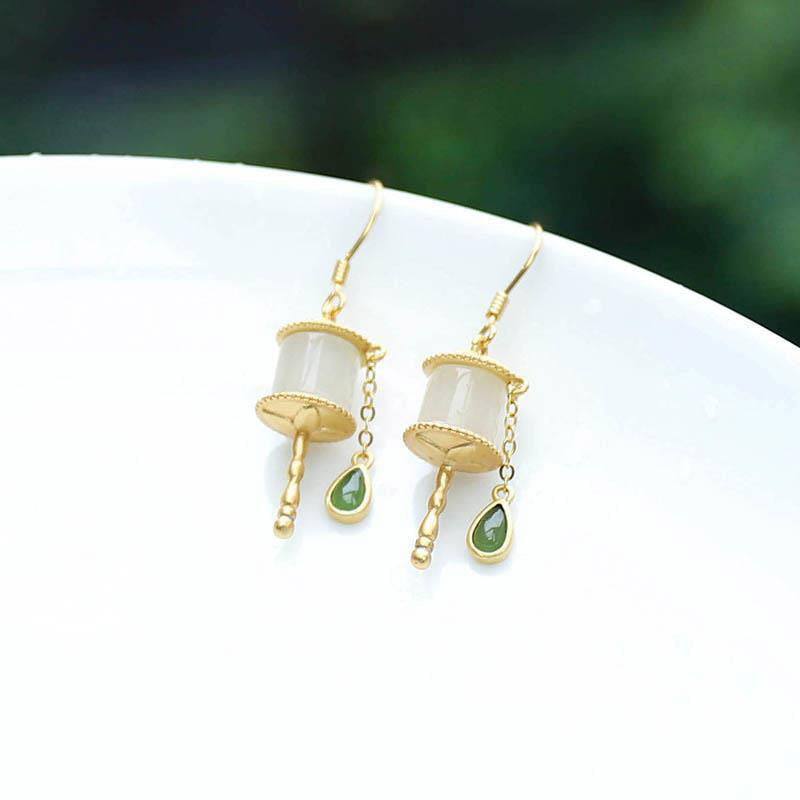 KarmaRipple's 925 Sterling Silver Jade Prayer Wheel Fortune Drop Earrings p9