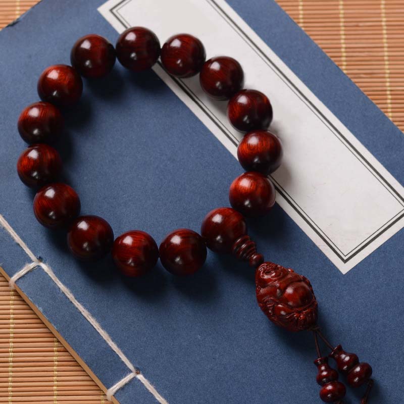 KarmaRipple's Small Leaf Red Sandalwood Laughing Buddha God of Wealth Protection Bracelet p1