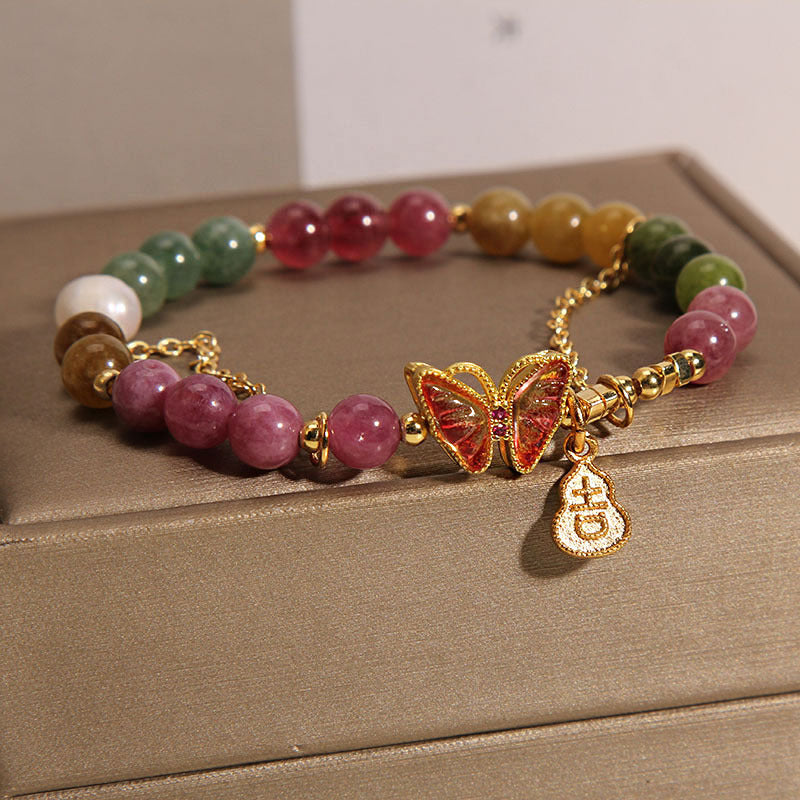 KarmaRipple's Authentic Colorful Tourmaline Butterfly Auspicious Character Gourd Talisman Positive Bracelet p4