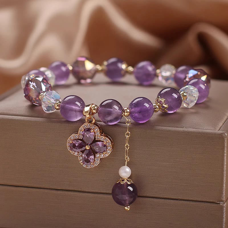 KarmaRipple's Authentic Amethyst Gemstone Four Leaf Clover Spiritual Balancing Bracelet p4