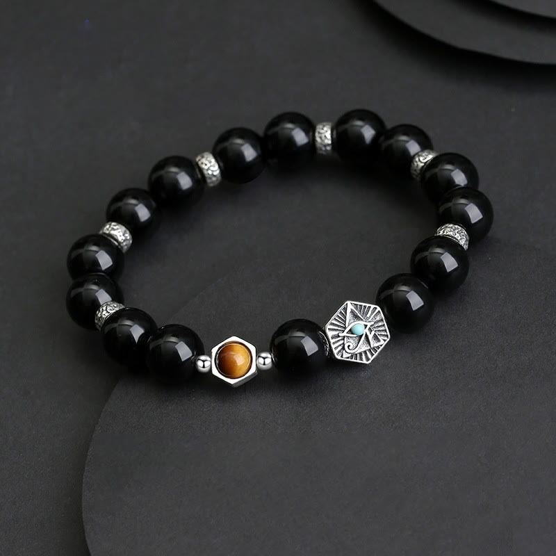 KarmaRipple's 925 Sterling Silver Black Obsidian Tiger Eye Eye of Providence Purification Bracelet p2