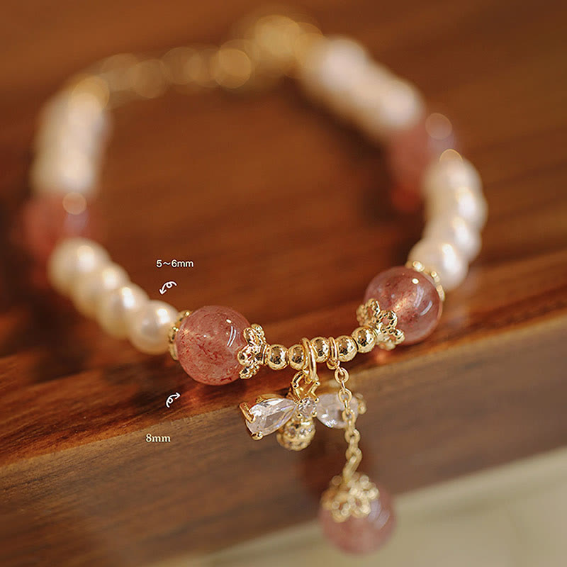 KarmaRipple's Authentic Pearl Strawberry Quartz Balancing Cute Honey Bee Talisman Bracelet p8