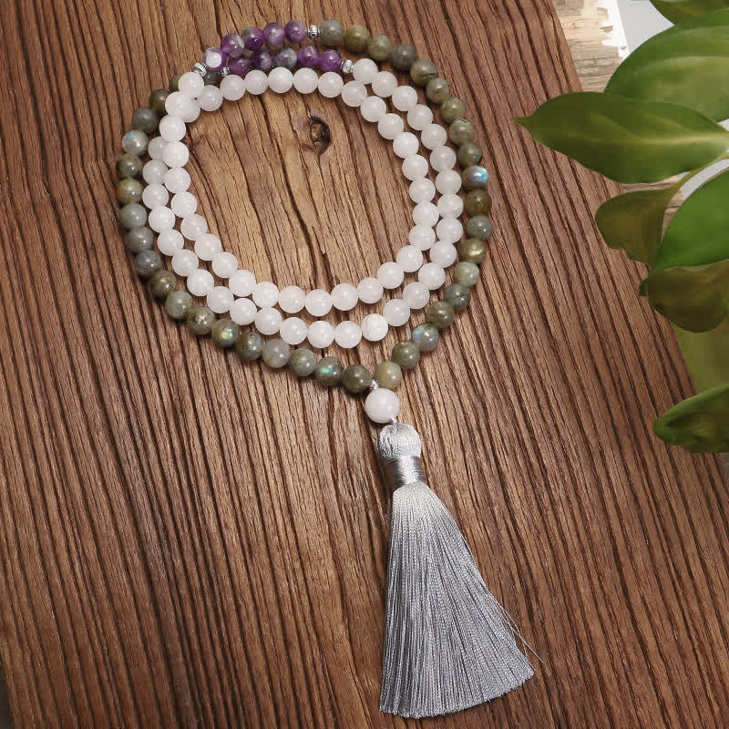 KarmaRipple's 108 Mala Beadwork Ivory Agate Amethyst Black Glitter Stone Protection Bracelet p6