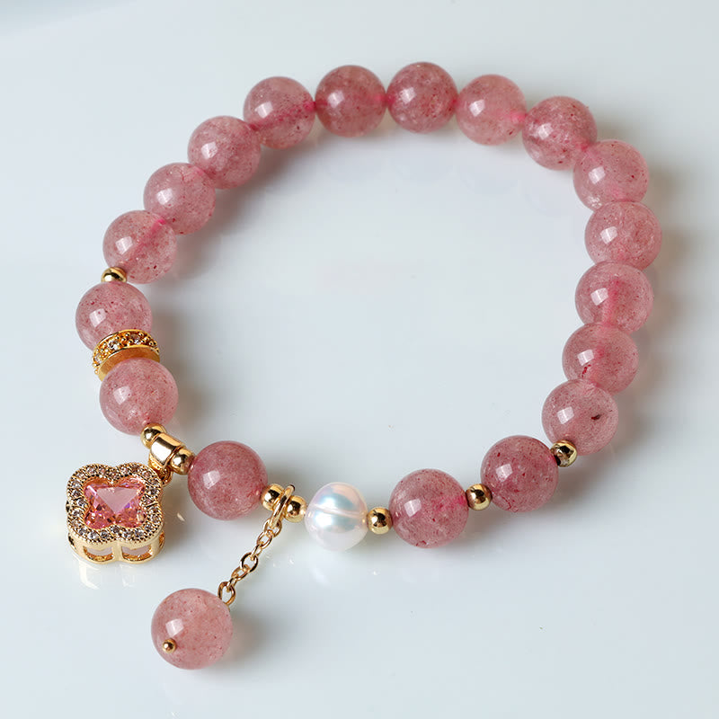 KarmaRipple's Strawberry Quartz Pearl Four Leaf Clover Talisman Balancing Bracelet p2