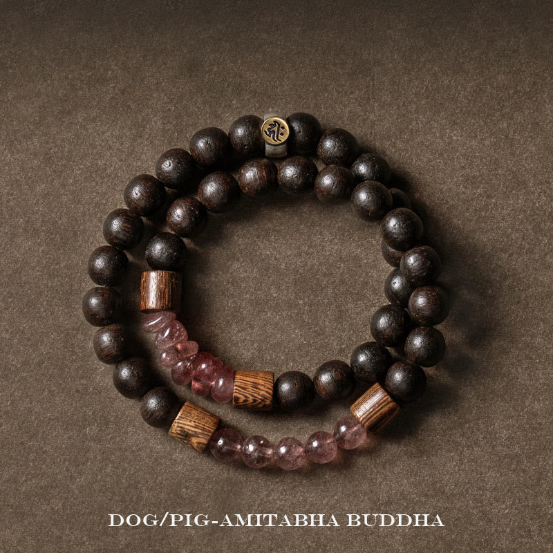 KarmaRipple's 925 Sterling Silver Chinese Zodiac Natal Buddha Agarwood Strawberry Quartz Peace Double Wrap Bracelet p49
