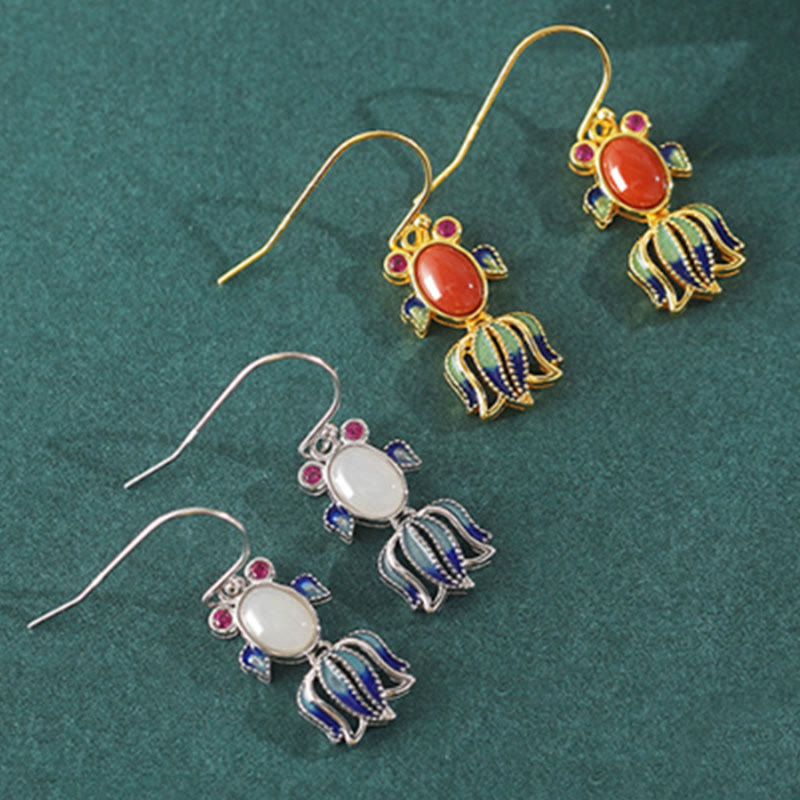 KarmaRipple's 925 Sterling Silver Hetian Ivory Jade Red Agate Cute Fish Happiness Drop Earrings p10