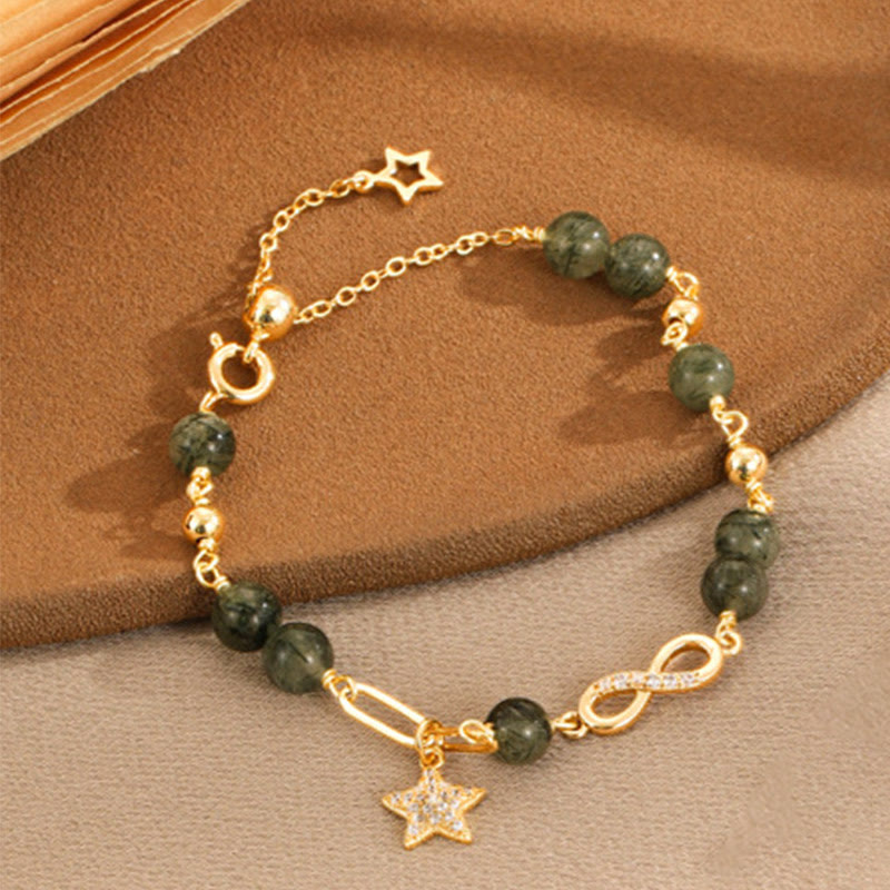 KarmaRipple's 14K Gold Green Rutilated Quartz M?bius Loop Eternal Love Star Protection Bracelet p6