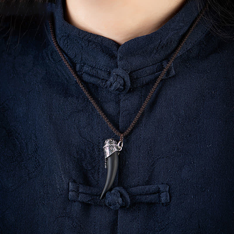 KarmaRipple's 925 Sterling Silver Black Obsidian Wolf Tooth Pattern Strength Pendant Necklace p13