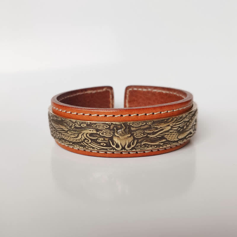 KarmaRipple's 2Pcs Om Mani Padme Hum Dragon Phoenix Bronze Leather Peace Cuff Bracelet Bangle p2