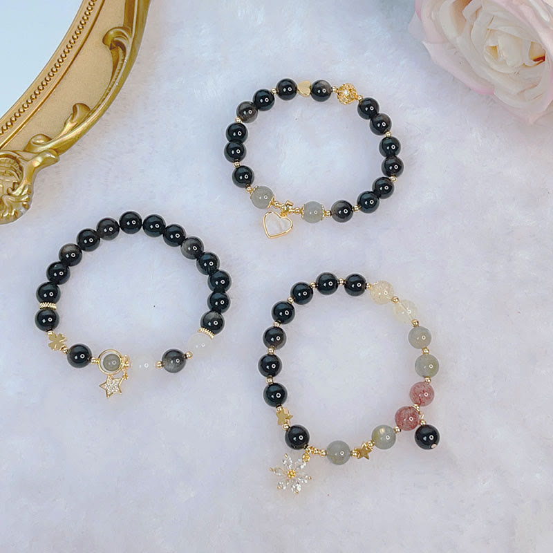 KarmaRipple's Authentic Silver Sheen Obsidian Love Heart Star Flower Protection Bracelet ( p16