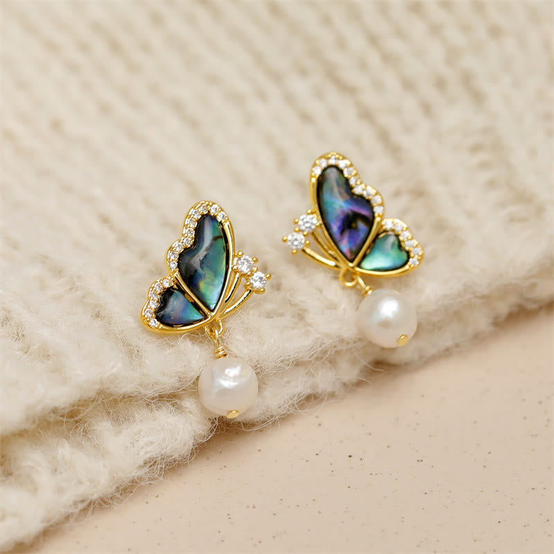 KarmaRipple's 18K Gold Plated Bronze Pearl Butterfly Love Stud Earrings p2