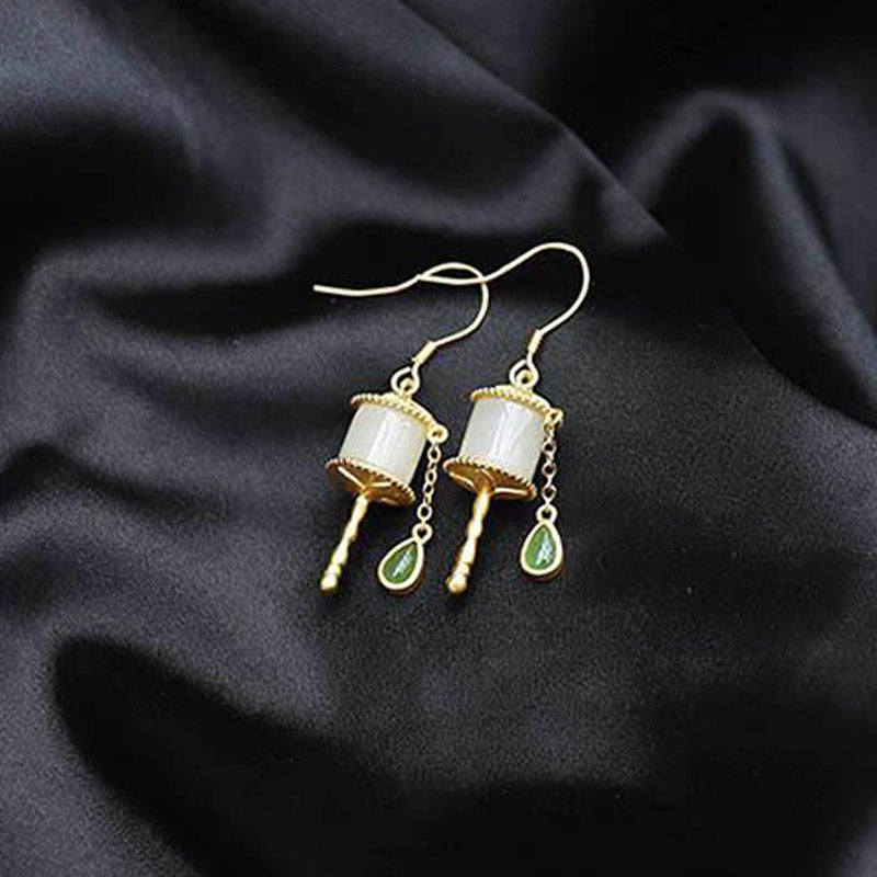 KarmaRipple's 925 Sterling Silver Jade Prayer Wheel Fortune Drop Earrings p7