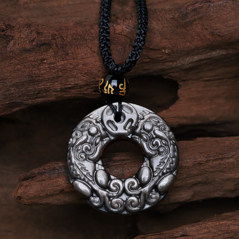 KarmaRipple's Authentic Silver Sheen Obsidian Double PiXiu Bronze Coin Peace Buckle Protection Pendant Necklace p1