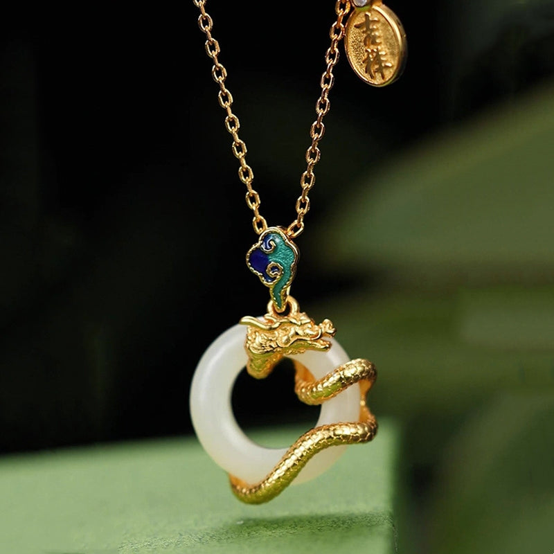 KarmaRipple's Year Of The Dragon 925 Sterling Silver Hetian Ivory Jade Peace Buckle Auspicious Clouds Success Pendant Necklace p1