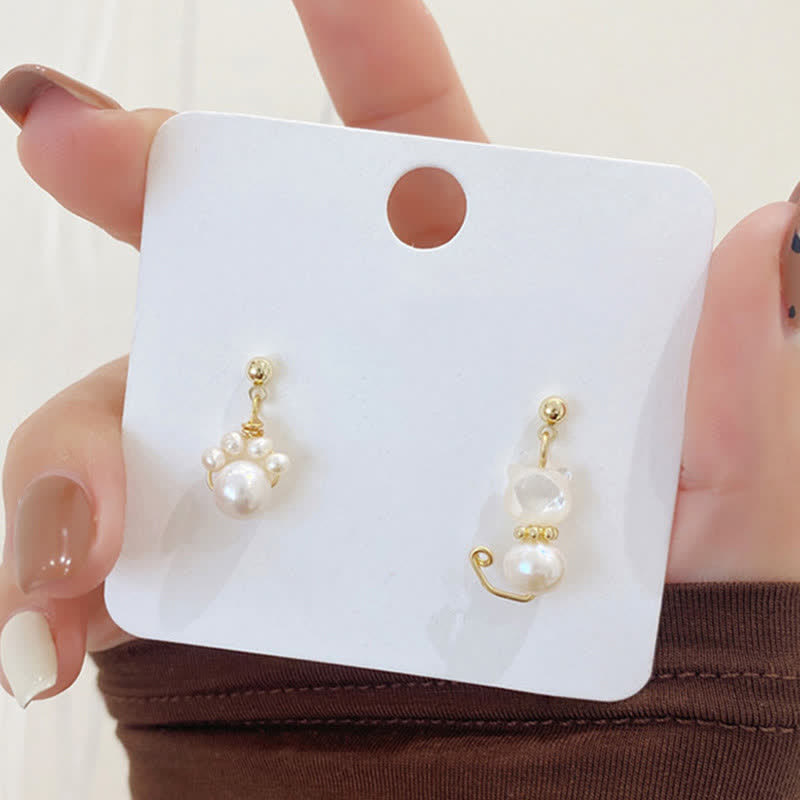KarmaRipple's Cute Cat Paw Pearl Wisdom Stud Drop Earrings p6