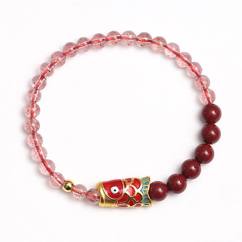 KarmaRipple's Authentic Strawberry Quartz Cinnabar Fortunate Koi Fish Balancing Bracelet p28