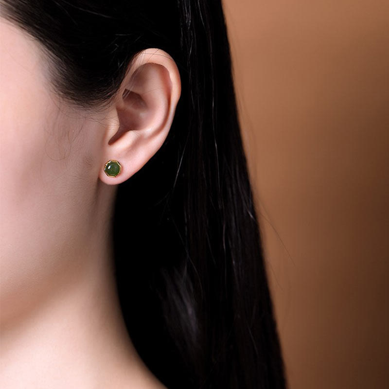 KarmaRipple's 925 Sterling Silver Plated Gold Authentic Hetian Cyan Jade Bead Fortune Stud Earrings p7