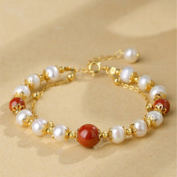 KarmaRipple's 925 Sterling Silver Pearl Cinnabar Wisdom Bead Double Layer Chain Bracelet