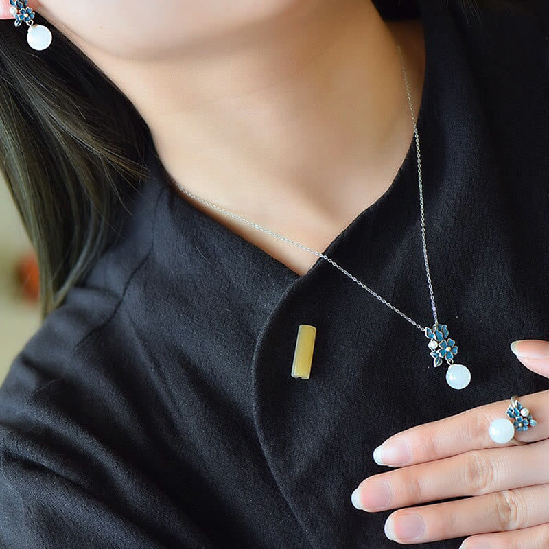 KarmaRipple's Ivory Jade 925 Sterling Silver Pearl Flower Blessing Pendant Necklace Ring Earrings p27