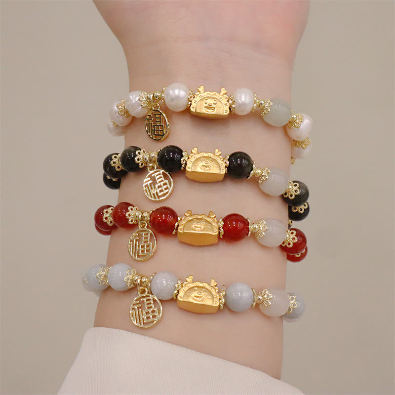 KarmaRipple's Year Of The Dragon Red Agate Strawberry Quartz Black Obsidian Jade Garnet Pearl Cinnabar Dumpling Dragon Fortune Fu Character Bracelet p9