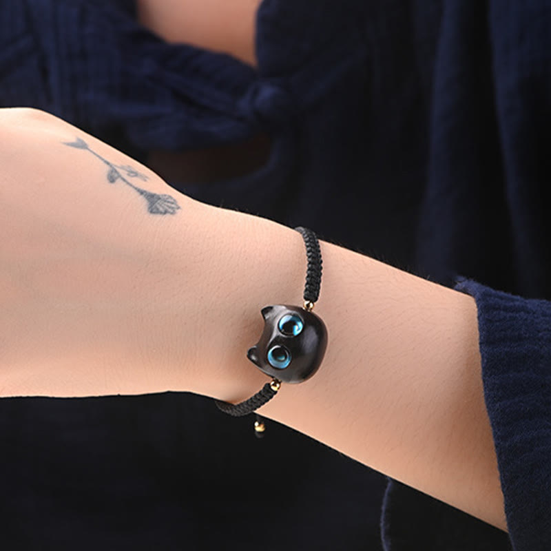 KarmaRipple's Small Leaf Red Sandalwood Ebony Wood Cute Cat Head Calm Protection Woven Bracelet p16