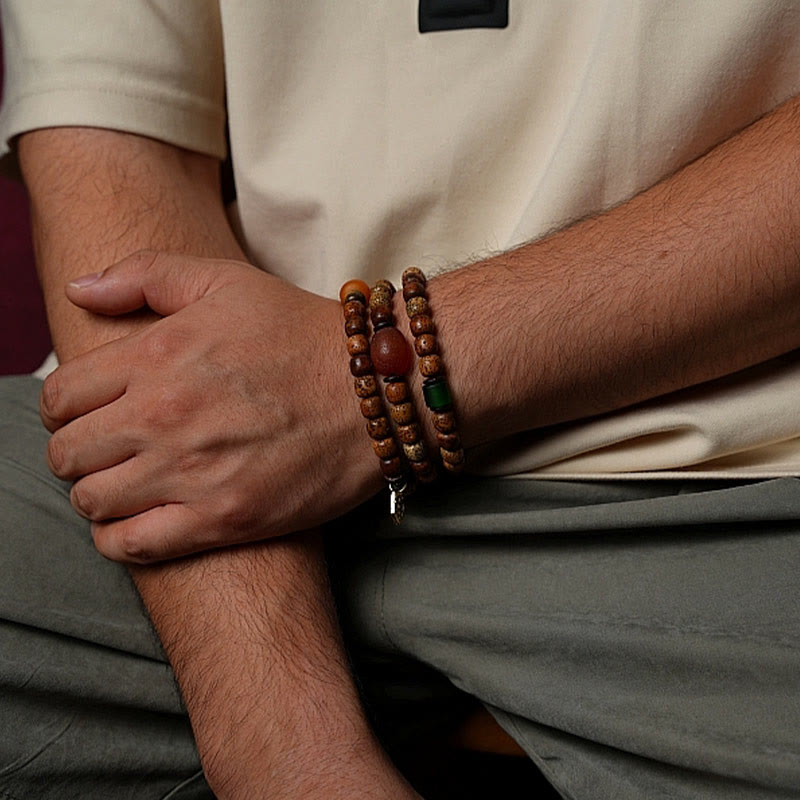 KarmaRipple's Tibetan Bodhi Seed Amber Dzi Bead Agate Zakiram Goddess of Wealth Beadwork Triple Wrap Bracelet p18