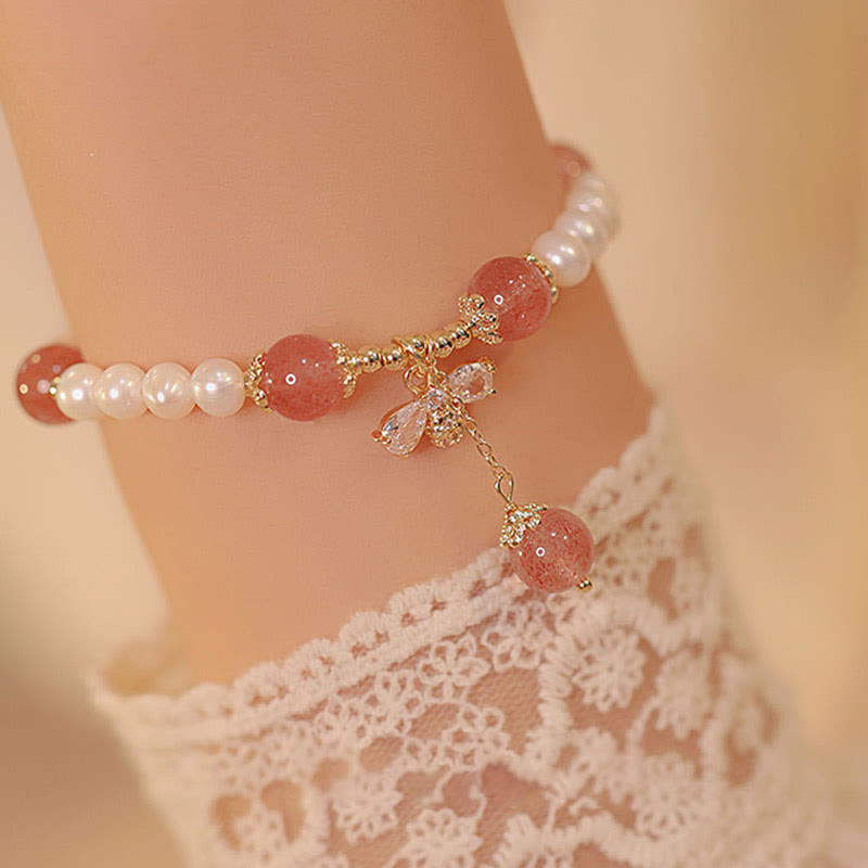 KarmaRipple's Authentic Pearl Strawberry Quartz Balancing Cute Honey Bee Talisman Bracelet p2