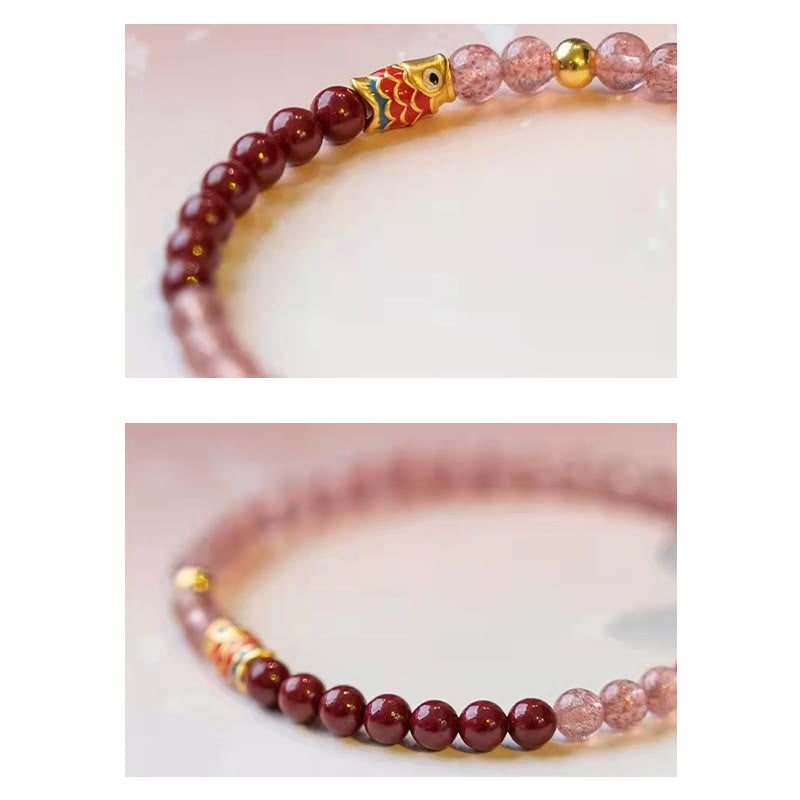 KarmaRipple's Authentic Strawberry Quartz Cinnabar Fortunate Koi Fish Balancing Bracelet p25