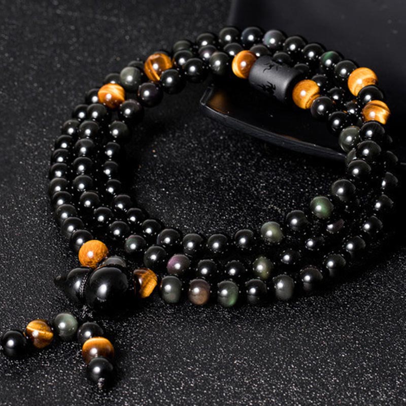 KarmaRipple's Authentic Black Obsidian Rainbow Obsidian Gourd Blessing Bracelet Mala p3