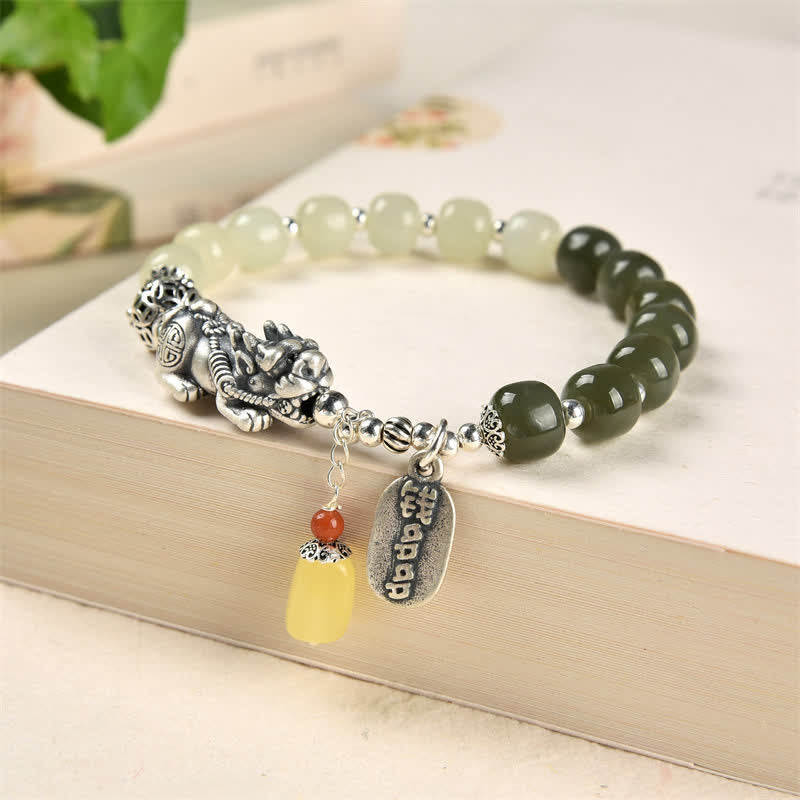 KarmaRipple's 925 Sterling Silver Authentic Hetian Jade Amber PiXiu Fortune Bracelet p8