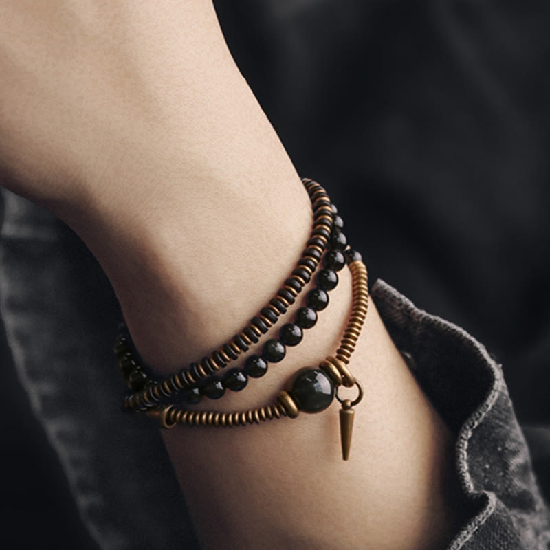 KarmaRipple's Rainbow Obsidian Ebony Wood Bronze Balancing Triple Wrap Bracelet p6