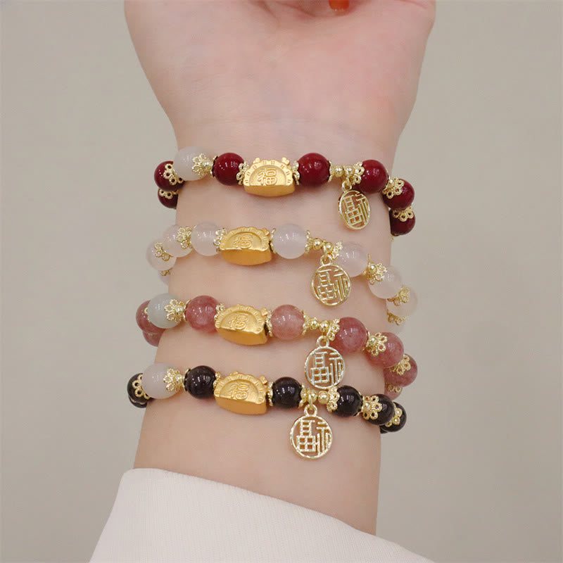 KarmaRipple's Year Of The Dragon Red Agate Strawberry Quartz Black Obsidian Jade Garnet Pearl Cinnabar Dumpling Dragon Fortune Fu Character Bracelet p10