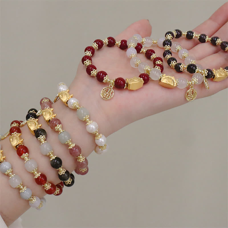 KarmaRipple's Year Of The Dragon Red Agate Strawberry Quartz Black Obsidian Jade Garnet Pearl Cinnabar Dumpling Dragon Fortune Fu Character Bracelet p38