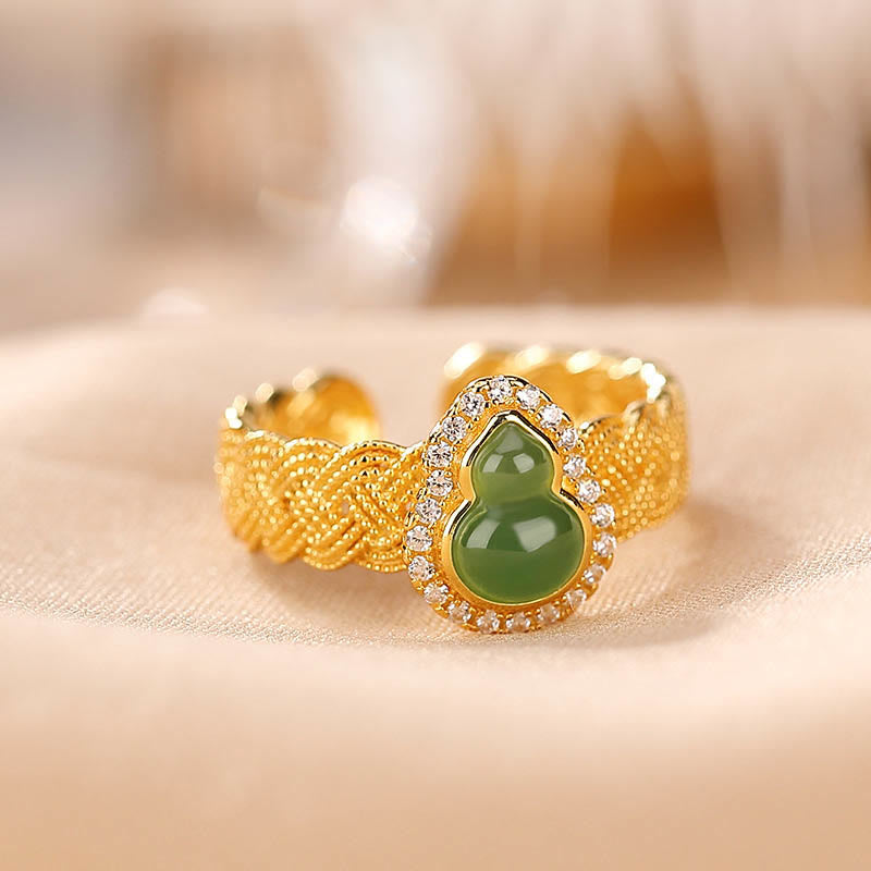 KarmaRipple's 925 Sterling Silver Plated Gold Authentic Hetian Cyan Jade Gourd Fortune Bracelet Ring Set p17