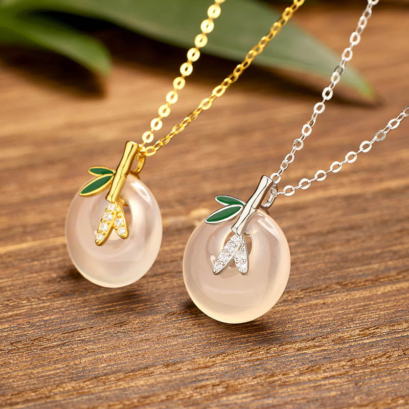 KarmaRipple's 925 Sterling Silver Authentic Chalcedony Bamboo Leaf Peace Buckle Positive Pendant Necklace ( p2