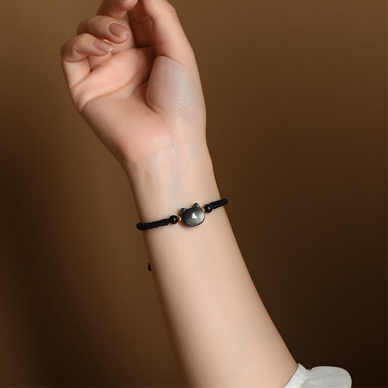 KarmaRipple's Handmade Authentic Silver Sheen Obsidian Strawberry Quartz Cute Cat Protection Woven Bracelet p9