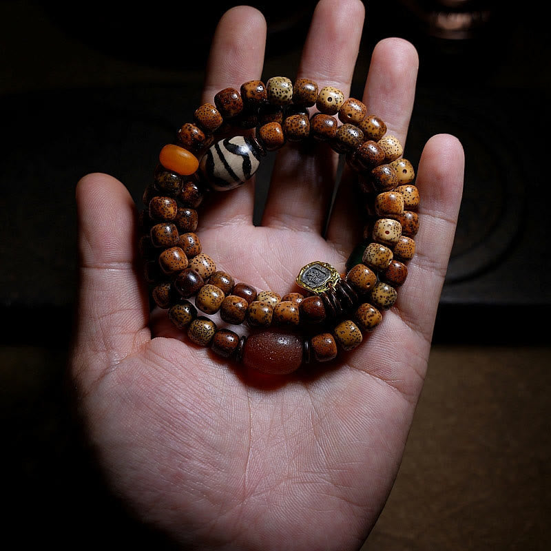 KarmaRipple's Tibetan Bodhi Seed Amber Dzi Bead Agate Zakiram Goddess of Wealth Beadwork Triple Wrap Bracelet p3