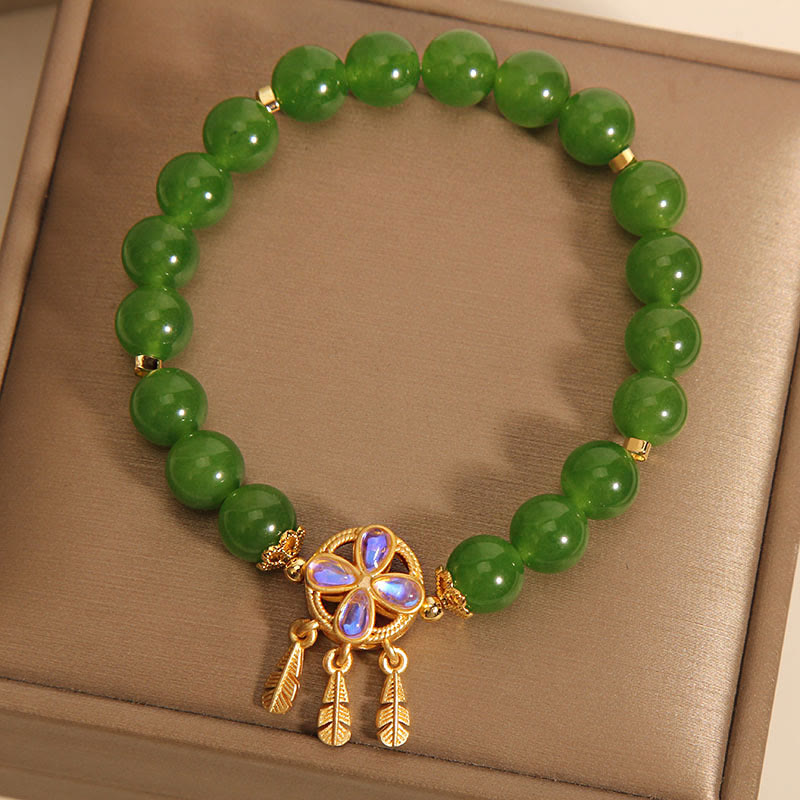 KarmaRipple's Green Jade Dreamcatcher Four Leaf Clover Fortune Bracelet p5